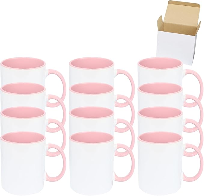 11oz White Ceramic Sublimation Coffee Mug in White Gift Box, Pink, Case of 12-HomvellaHome