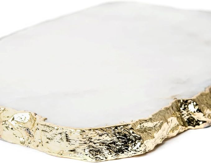 Generic White Quartz Agate Cheese Board Platter Tray Gold Plated Edges Agate Slab for Table Centrepiece Geode Stone Gifts For House Warming, Engagement, Wedding, Christmas-HomvellaHome
