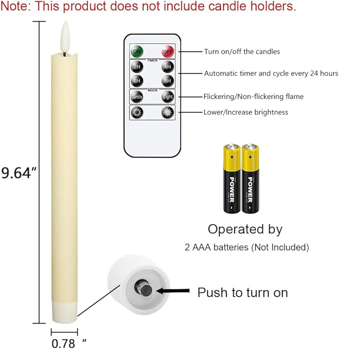 GenSwin Flameless Ivory Taper Candles Flickering with 10-Key Remote, Battery Operated Led Warm 3D Wick Light Window Candles Real Wax Pack of 6, Christmas Home Wedding Decor(0.78 X 9.64 Inch)-HomvellaHome