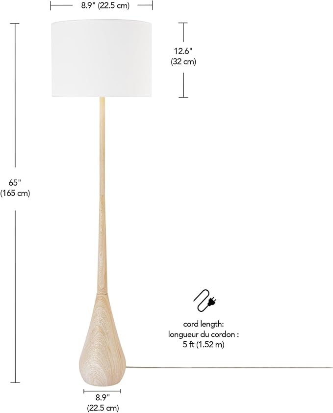 GLOBE Electric 52112 65" Floor Lamp, Faux Wood Finish, White Cotton Shade, Japandi Style, E26 Base, Modern Bedroom and Living Room Lighting-HomvellaHome