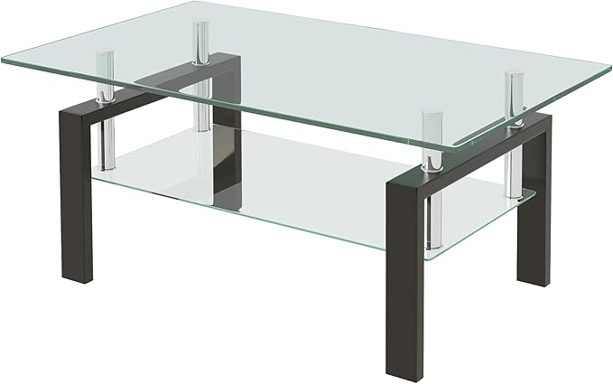 Glass Coffee Table Rectangle Living Room Center Table, with Tempered Glass Tabletop Black Metal Leg,for Living Room and Office (Dou-Clear Glass)-HomvellaHome