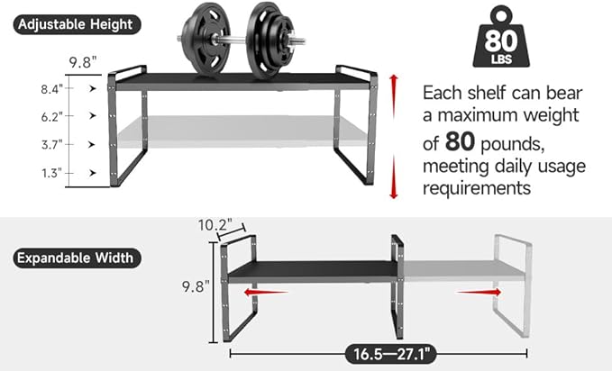 16.5~27.1" Expandable Shelf Organizer, 1Pack 10.2" Wide Stackable Cabinet Shelf Organizers, Black Metal Sturdy Kitchen Counter Storage for Countertop, Adjustable Height Spice Rack-HomvellaHome