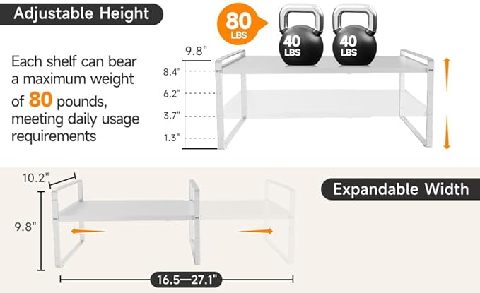 16.5~27.1" Expandable Shelf Organizer, 1Pack 10.2" Wide Stackable Cabinet Shelf Organizers, White Metal Sturdy Kitchen Counter Storage for Countertop, Adjustable Height Spice Rack-HomvellaHome