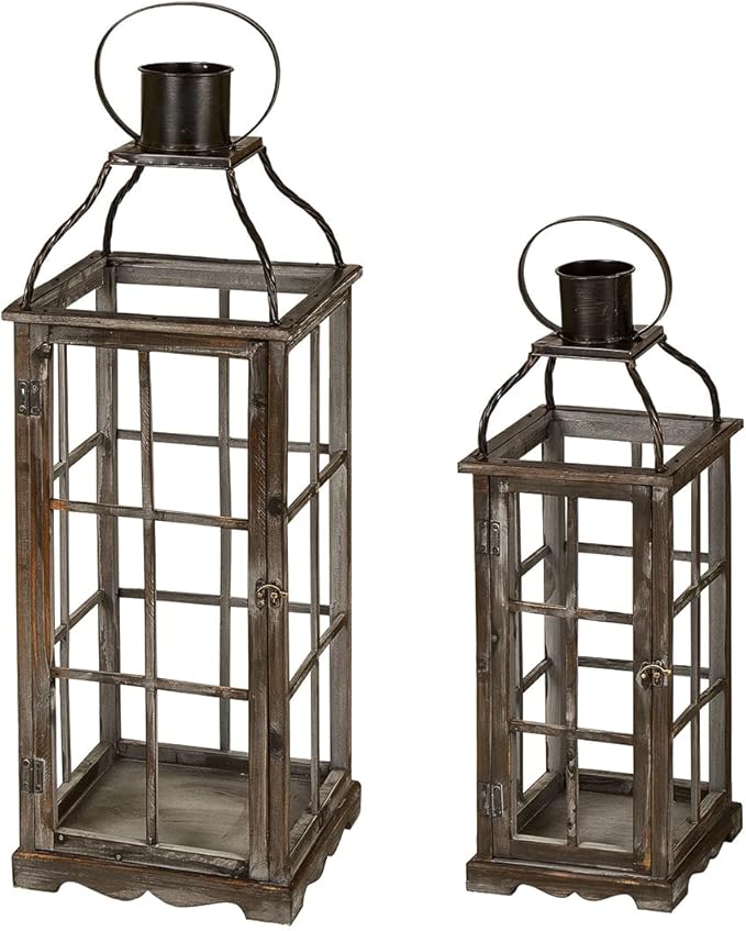 Glitzhome Farmhouse Oversized Wood Metal Lanterns Decorative Hanging Candle Lanterns Set of 2, Black (No Glass)-HomvellaHome