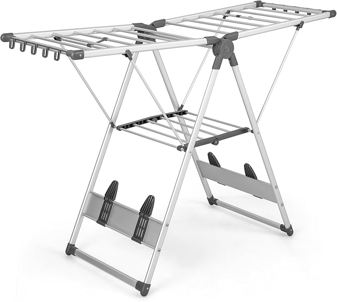 Giantex Clothes Drying Rack, 2-Layer Aluminum Foldable Laundry Drying Rack with 5-Level Adjustable Height, 21 Drying Rails, 10 Side Clips, 4 Shoe Holders, Space Saving Collapsible Laundry Drying Rack-HomvellaHome