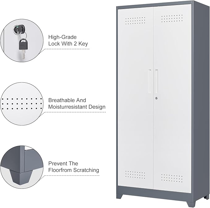 Garage Storage Cabinet,Broom Closet with Lock,Locking Cabinets with Hanging Rod & S-Hooks for School,Garage,Grey-White-HomvellaHome