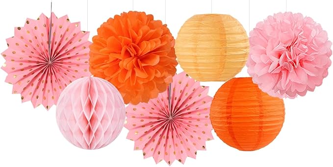 Pink-Orange Groovy-Thanksgiving Engagement Party-Decorations - 14pcs Fall Autumn Harvest Paper Lanterns Fan,Tissue Pom Poms Streamers,Honeycomb Balls,Birthday Baby Bridal Shower Wedding Decor Ouruola
