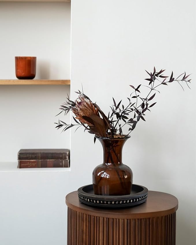 12 Inches Rustic Wooden Decorative Tray, Small Round Beaded Wood Tray for Kitchen Dinning Table Centerpiece Decor Entryway Living Room Home Decor, Black-HomvellaHome