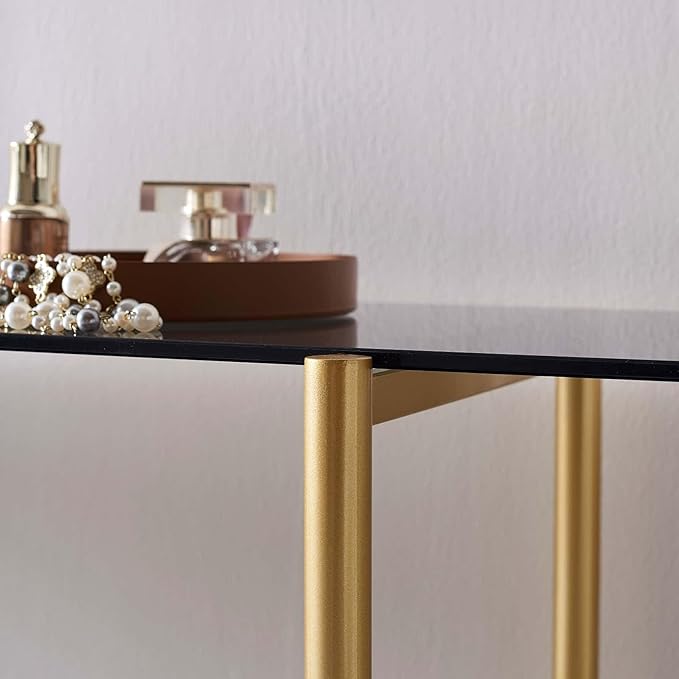 Glass Console Table for Living Room, Foyer & Entrance, 2-Tiers Mid-Century Modern Sofa Table with Grey Glass Top, Black Marble Finish Wood Shelf and Gold Finish Frame-HomvellaHome