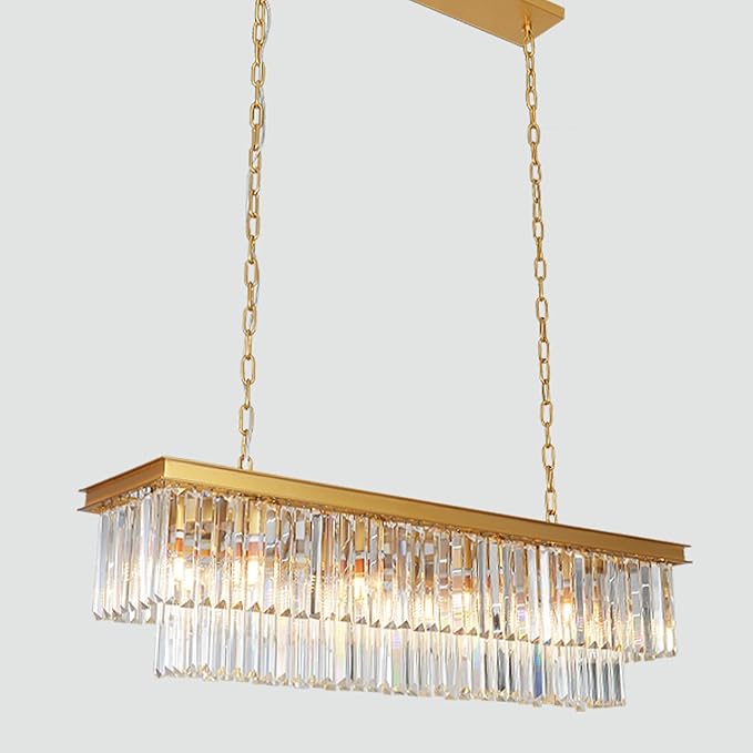 Gold Rectangle Crystal Chandelier, Modern Rectangular Pendant Ceiling Hanging Linear Chandeliers Light Fixture for Dining Room, Kitchen Island, Bar, 14-Light 59 Inches-HomvellaHome