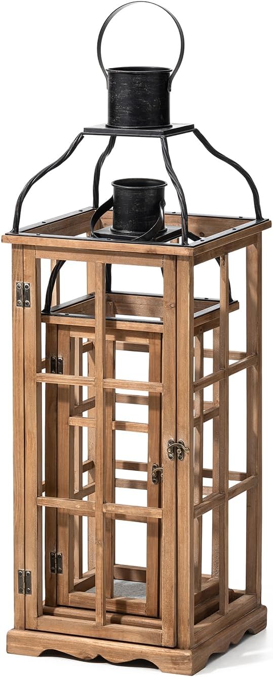 Glitzhome Set of 2 Oversized Farmhouse Wood Lanterns with Metal Top Decorative Hanging Candle Lanterns for Home Décor, Natural (No Glass)-HomvellaHome