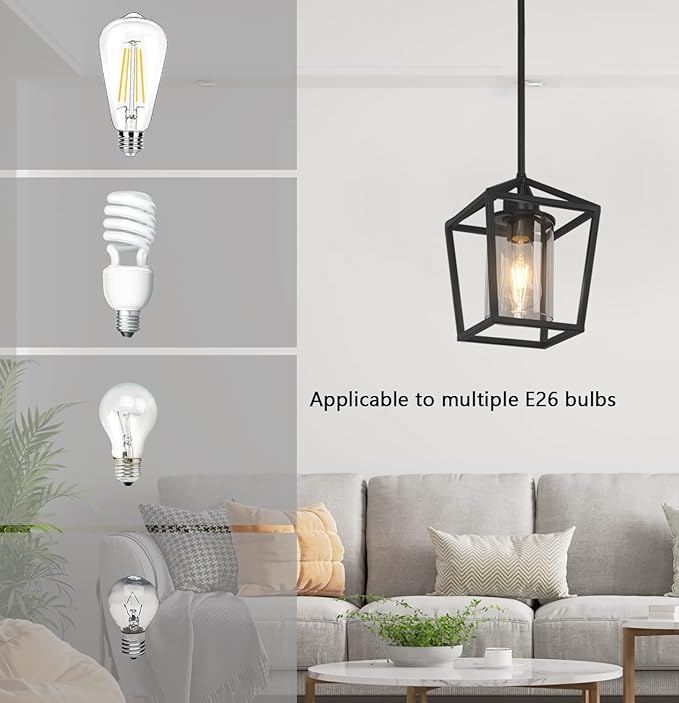 1 Pack Black Pendant Light Fixture Farmhouse Iron Cage Metal Pendant Light Lantern Hanging Light Fixtures with Clear Glass Shade for Kitchen Island, Dining Room, Hallway,Entryway1-HomvellaHome