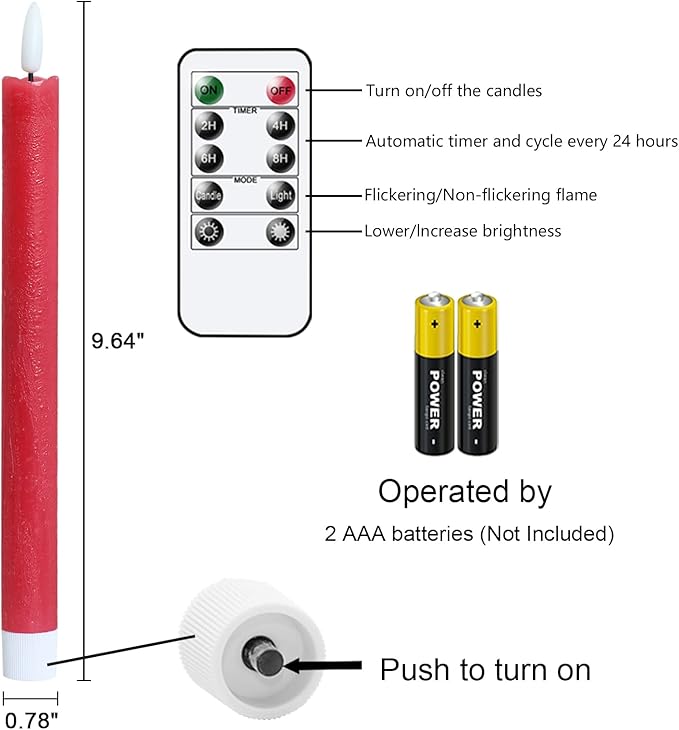 GenSwin Flameless Red Taper Candles Flickering with 10-Key Remote, Battery Operated Led Warm 3D Wick Light Window Candles Real Wax Pack of 6, Christmas Home Wedding Decor(0.78 X 9.64 Inch)-HomvellaHome