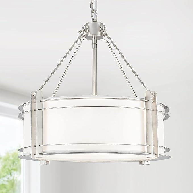 16.3''Drum Chandelier 3-Light Brushed Nickel Modern White Fabric Chandeliers Adjustable Drum Pendant Light for Dining Room Kitchen Island Hallway Living Bedroom-HomvellaHome