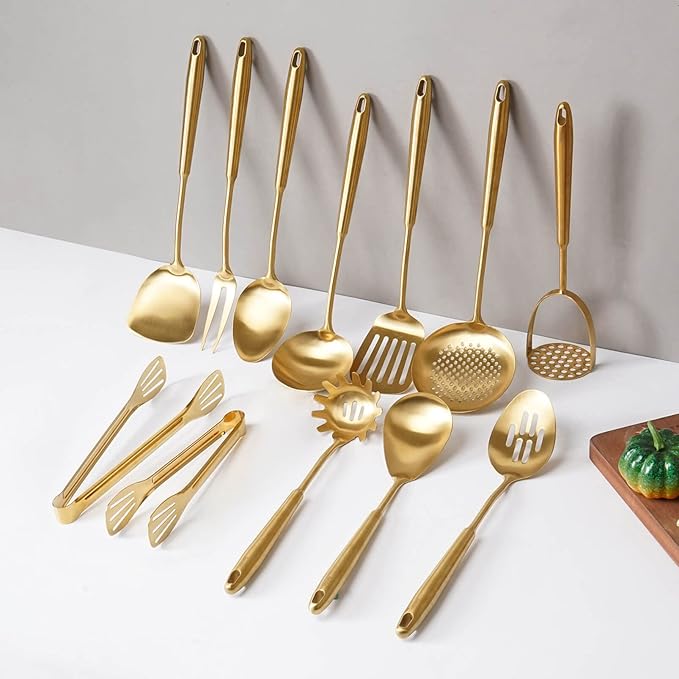 Gold Kitchen Utensils Set, 12 PCS Brass Matte Serving Utensils, 18/10 Stainless Steel All Metal Cooking Tools - Potato Masher, Tongs, Meat Fork, Spatula, Turner, Ladle, Skimmer, Spaghetti Spoon Set-HomvellaHome