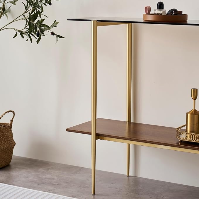 Glass Console Table for Living Room, Foyer & Entrance, 2-Tiers Mid-Century Modern Sofa Table with Amber Glass Top, Walnut Finish Wood Shelf and Gold Finish Frame-HomvellaHome