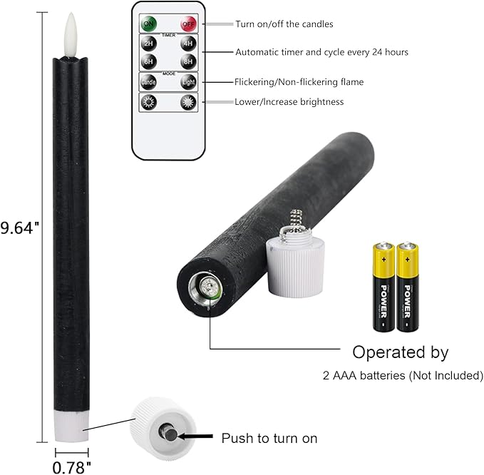 GenSwin Flameless Black Taper Candles Flickering with 10-Key Remote, Battery Operated Led Warm 3D Wick Light Window Candles Real Wax Pack of 6, Christmas Home Wedding Decor(0.78 X 9.64 Inch)-HomvellaHome