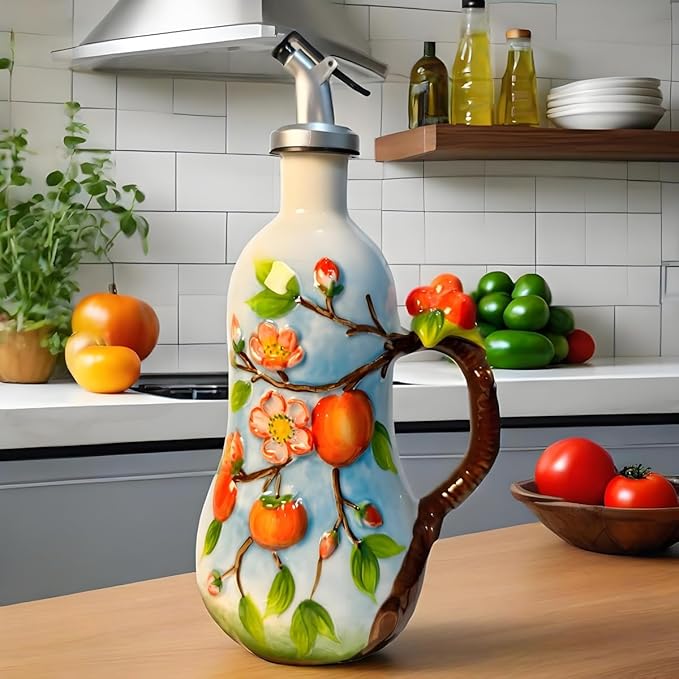 18 Oz Hand Painted Relief Ceramic Olive Oil Bottle Dispenser for Kitchen, Oil and Vinegar Bottle, Seasoning Bottle with Stainless Steel Nozzle, 540mL Oil Container with Handle for Cooking, Light Proof-HomvellaHome