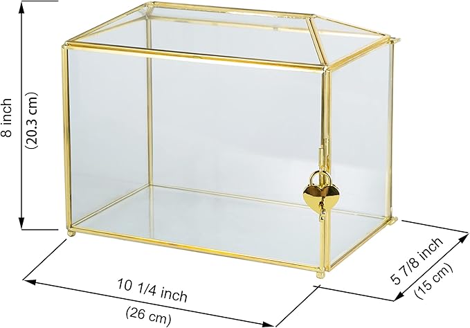 Glass Wedding Card Box with Slot, Large Clear Card Box 10.2 inch Gold Brass Gift Card Storage Box with Lock for Wedding Receptions, Baby Shower, Birthday Party, Bridal Shower-HomvellaHome