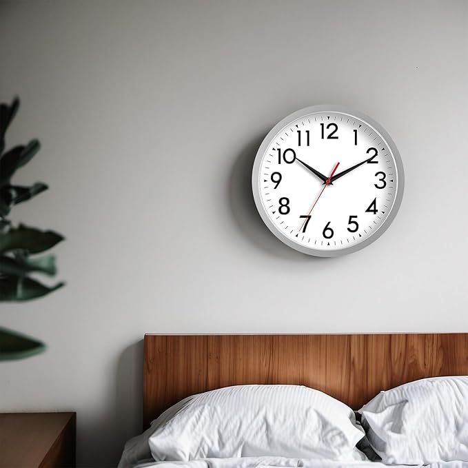 12 Inch Wall Clock Battery Operated Silent Non Ticking Analog Modern Decorative for Office Kitchen Outdoor Living Room Classroom Bedroom Bathroom School(Silver)-HomvellaHome