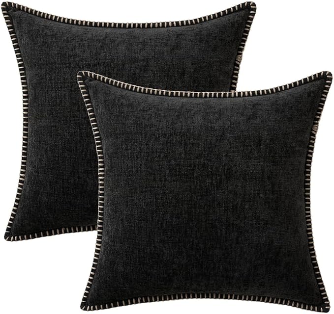 MIULEE Pack of 2 Couch Throw Pillow Covers 16x16 Inch Black Farmhouse Decorative Pillow Covers with Stitched Edge Soft Chenille Solid Dyed Spring Pillow Covers for Sofa Bed Living Room