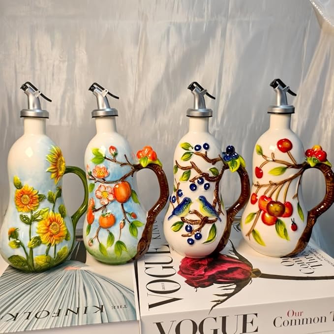 18.26oz/540ml Ceramics Olive Oil Dispenser Bottle,Hand Painted Reliefs Oil Dispenser for Kitchen,Oil Bottles for Kitchen (Persimmon)-HomvellaHome