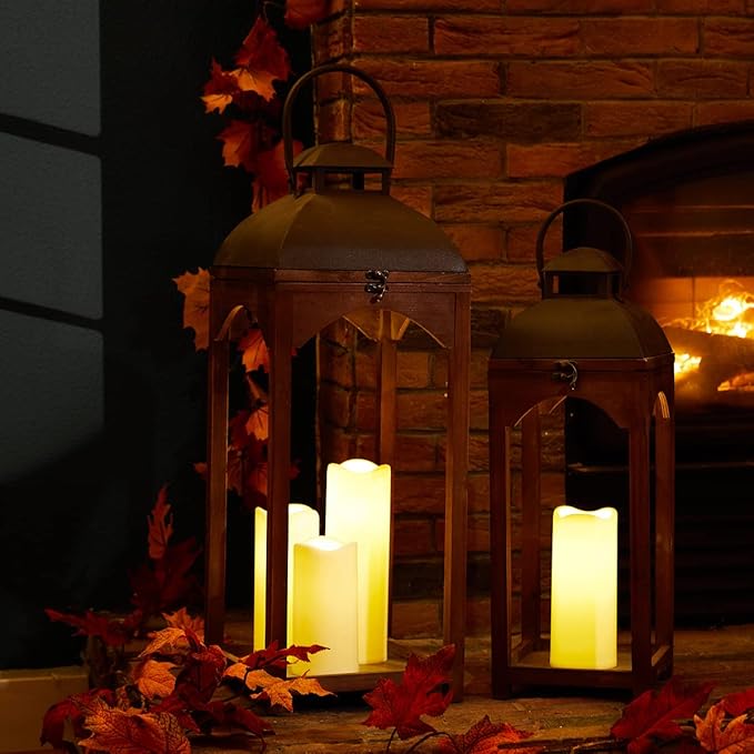 Glitzhome Set of 2 Mondern Farmhouse Wooden Lantern Hanging Decorative Candle Lanterns for Outdoor & Indoor Brown (No Glass)-HomvellaHome