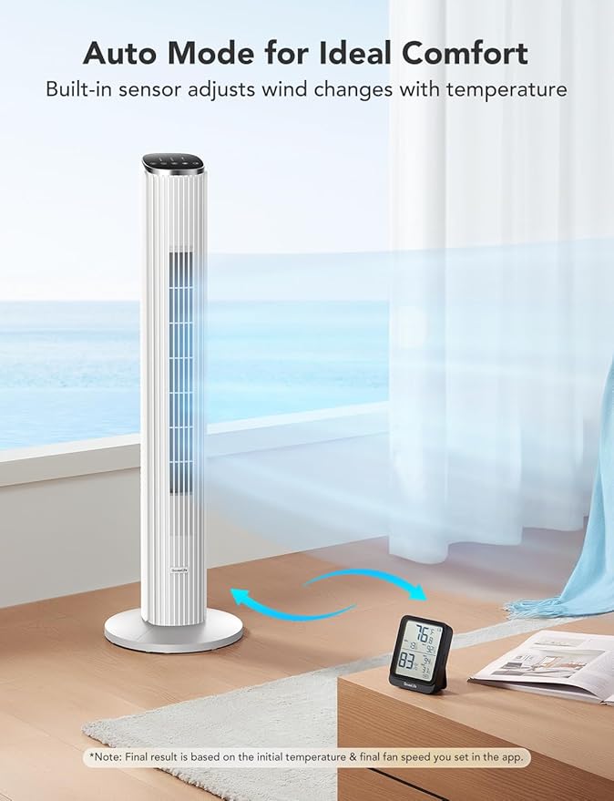 GoveeLife White Tower Fan for Bedroom, 36" Smart Floor Fan with App/Voice Control, Temperature Sensor, 5 Modes 8 Speeds(25ft/s), 29dB Quiet Oscillating Fan for Office, 24H Timer, Auto Cooling-HomvellaHome