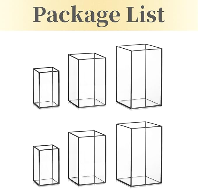 Glass Hurricane Candle Holder Large - Hewory 6pcs Black Rectangle Flower Holders Centerpiece for Table, Tall Floor Square Pillar Candle Lantern for Wedding, Anniversary, Party, Fireplace, Dining Room-HomvellaHome