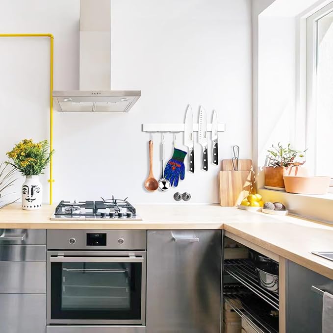 17.5" Magnetic Knife Holder for Wall with Hooks - No Drill Adhesive Mount - 304 Stainless Steel Knife Magnetic Strip-HomvellaHome