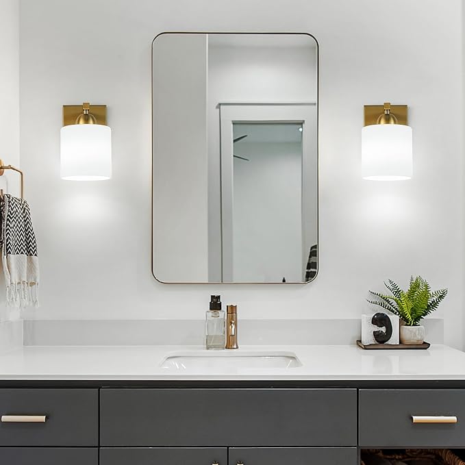 Gold Milk Glass Wall Sconces, 1 Pack Hardwired Indoor Wall Light Fixtures for Living Room, Hallway, Bedroom, Ceramic E26 Sockets (Bulbs Not Included)-HomvellaHome