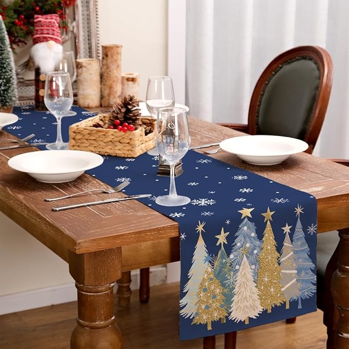 GEEORY Christmas Table Runner 13x60 Inch, Xmas Trees Snowflakes Holiday Decorative Farmhouse Table Decoration for Kitchen Dinning, Indoor Outdoor Dinner Party Decor (Blue) GT151-60-HomvellaHome
