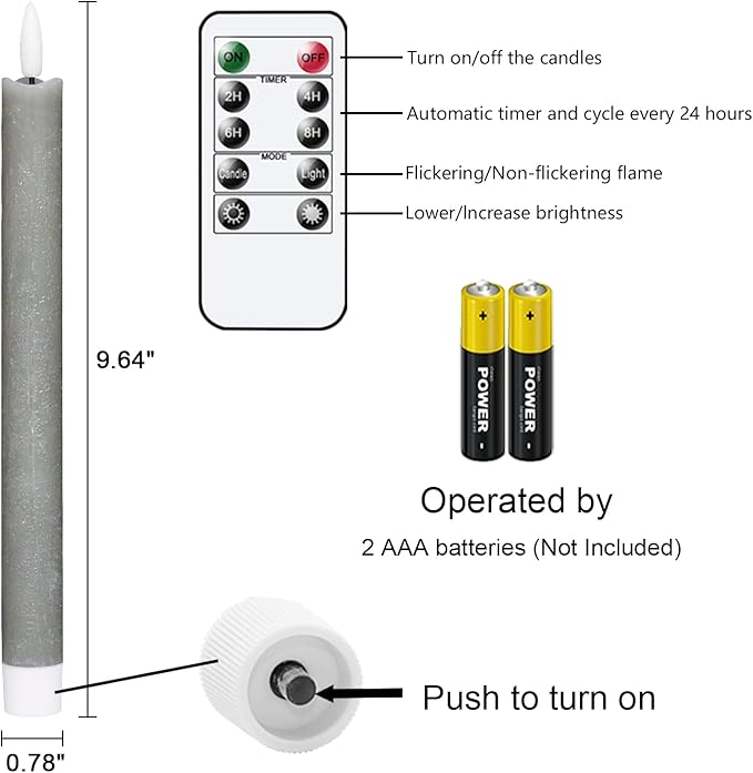 GenSwin Flameless Grey Taper Candles Flickering with 10-Key Remote, Battery Operated Led Warm 3D Wick Light Window Candles Real Wax Pack of 6, Christmas Home Wedding Decor(0.78 X 9.64 Inch)