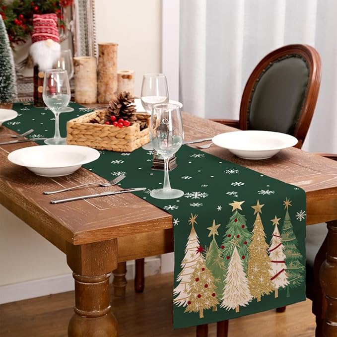 GEEORY Christmas Table Runner 13x120 Inch, Xmas Trees Snowflakes Holiday Decorative Farmhouse Table Decoration for Kitchen Dinning, Indoor Outdoor Dinner Party Decor (Green) GT152-120-HomvellaHome