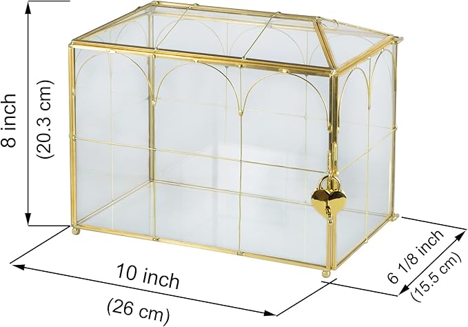 Glass Card Box with Slot, 10.2 inch Large Gold Clear Card Box for Wedding Receptions, Decorative Storage Box with Lock for Baby Shower, Birthday Party, Bridal Shower-HomvellaHome