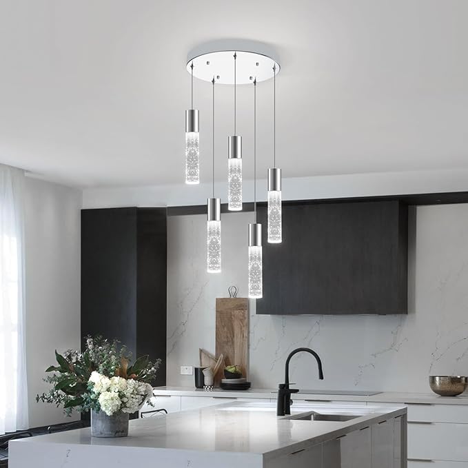 OKELI Smart Dimmable LED 5-Light Pendant Light for Kitchen Island, 18W 1350LM Modern Bubble Crystal Island Light Fixture with TUYA App & Voice Control, Adjustable 3000K-6000K, Electro-Chrome-HomvellaHome