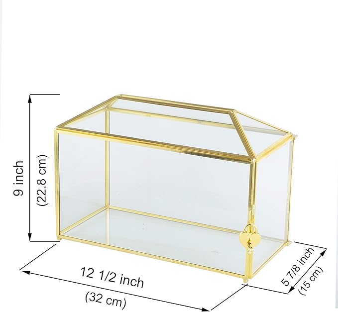 Glass Wedding Card Box with Slot, 12.6 inch Large Clear Card Box Gold Brass Gift Card Storage Box with Lock for Wedding Receptions, Baby Shower, Birthday Party, Bridal Shower-HomvellaHome
