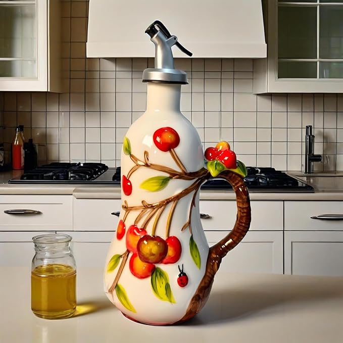 18 Oz Hand Painted Relief Ceramic Olive Oil Bottle Dispenser for Kitchen, Oil and Vinegar Bottle, Seasoning Bottle with Stainless Steel Nozzle, 540mL Oil Container with Handle for Cooking, Light Proof-HomvellaHome