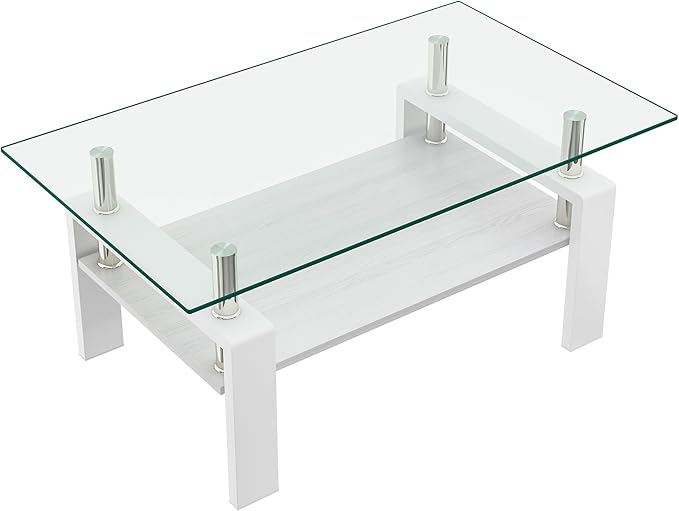 Glass Coffee Table Rectangle Living Room Center Table, with Transparent Tempered Glass Tabletop and White MDF Layer,for Living Room and Office, Transparent +White-HomvellaHome