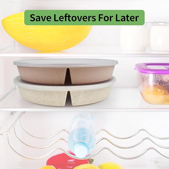 greenandlife 9 Inch 4PCS Portion Control Plates with Lids, Divided Plates for Kids Adults, Dishwasher Microwave Safe Compartment Plate, Unbreakable Lightweight Reusable Wheat Straw Plate, Earth Tone-HomvellaHome