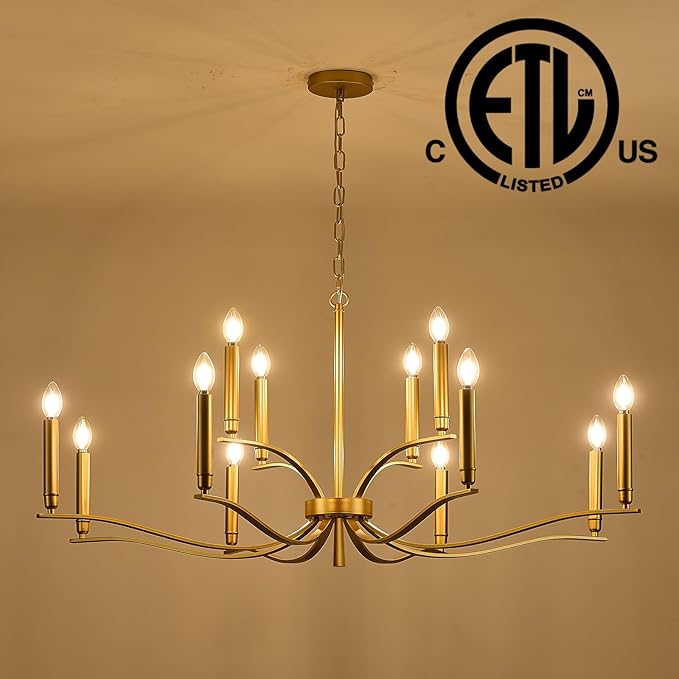 12 Light Gold Living Room Chandelier High Ceiling Foyer Candle Chandelier Large Modern Brass 44in Metal Chandeliers Hanging Light for Master Bedroom Dining Room Light Fixture Over Table-HomvellaHome