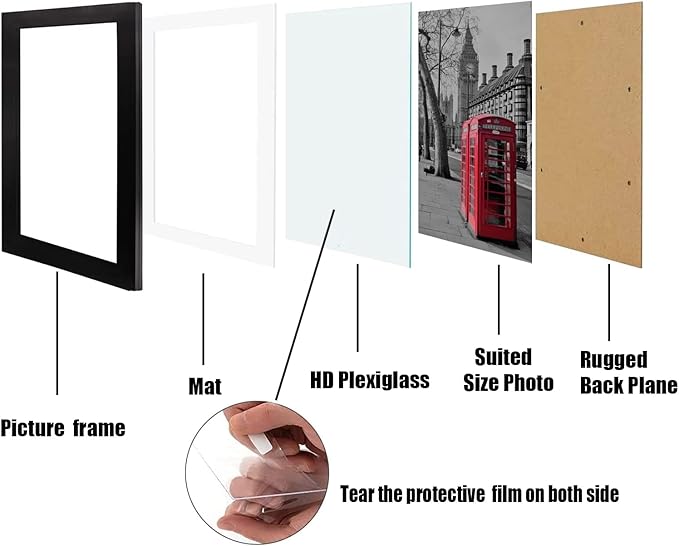 12x12 Picture Frame Set of 6, Display Pictures 8x8 with Mat or 12x12 Without Mat for Wall Mounting,Black-HomvellaHome