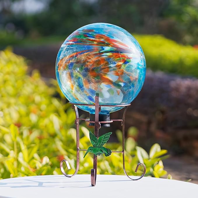 10 Inch Glass Gazing Ball, with 9.4" Tall Metal Gazing Globe Stand, Glass Balls Display Holder Set for Outdoor Garden Lawn Yard Decoration, Blue Artistic-HomvellaHome