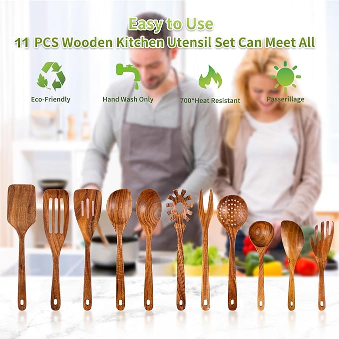 GUDAMAYE 11 PCE Wooden Spoons for Cooking, Wooden Kitchen Utensils Set,Wooden Cooking Utensils,Natural Teak Wooden Spoons For Non-stick Pan-HomvellaHome