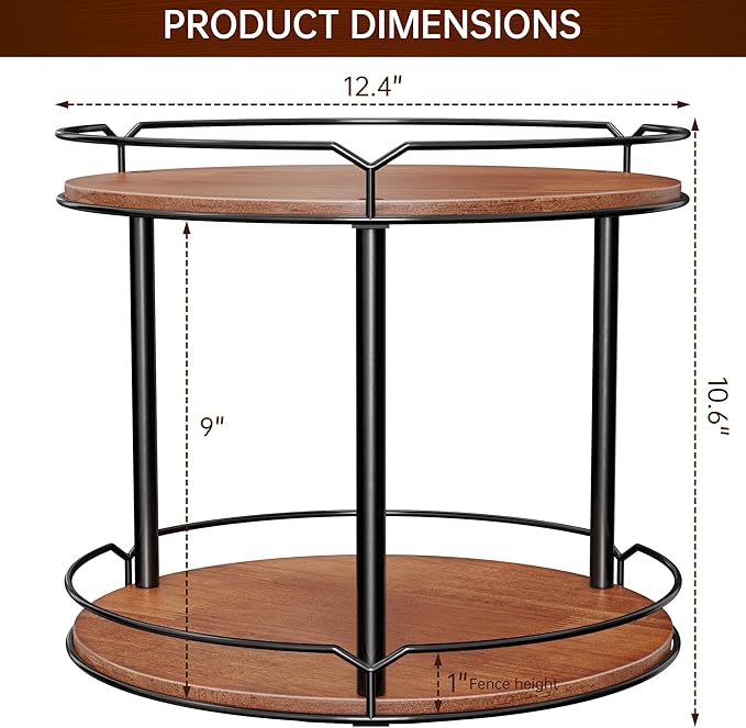 12.4" Lazy Susan Organizer 2 Tier - Rotating Spice Rack, Wooden Spinning Spice Holder for Inside Cabinet, Pantry, Kitchen, Countertop, Bathroom and Vanity, Versatile Storage-HomvellaHome