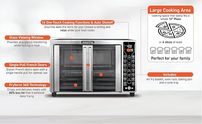 Gourmia Toaster Oven Air Fryer Combo 17 cooking presets 1700W french door digital air fryer oven 24L capacity accessories, convection rack, baking pan tray recipe book GTF7655,Large,Stainless Steel-HomvellaHome