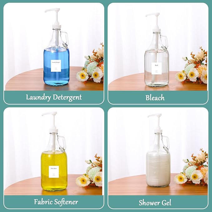 Glass Laundry Detergent Dispenser with Pump, 64OZ Liquid Laundry Soap Dispenser, Fabric Softener Dispenser Bottle for Laundry Room Organization and Storage, 2 Pack-HomvellaHome
