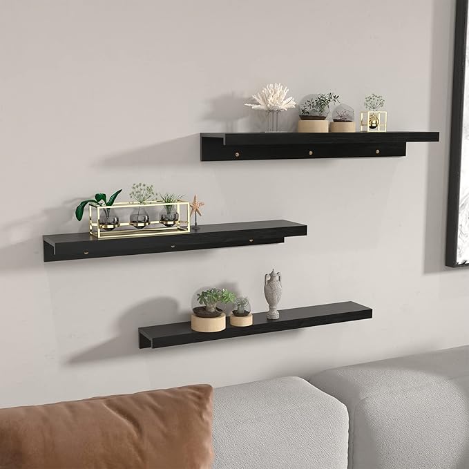 Giftgarden 16 Inch Black Floating Shelves for Wall Mount, Woodgrain Wall Shelf Ledge for Bathroom Bedroom Kitchen Living Room Office Storage, Set of 3 Different Sizes-HomvellaHome