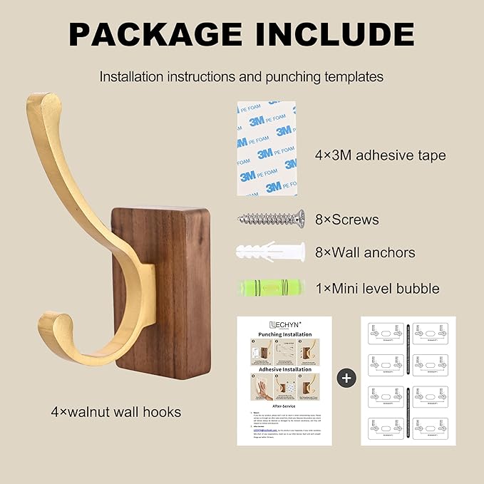 2 Pack Wooden Wall Hooks for Hanging, Adhesive Mounted Wall Mounted Boho Decorative Nature Wood Coat Hook for Towel Clothes Blanket Hat Backpack Robe Nursery Door Board Entryway Key Holder Gold-HomvellaHome