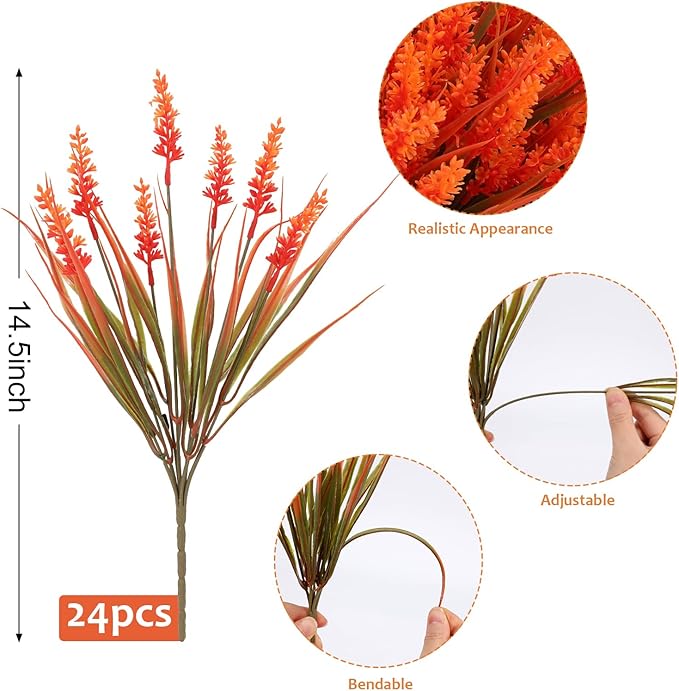 Geegoods Artificial Plants Flowers Outdoor – Faux Lavender Flowers with Monkey Grass UV Resistant Plastic Faux Plants for Garden Porch Window Patio Hanging Planter Home Decor (Autumn-red, 48PCS)-HomvellaHome